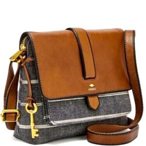 Fossil Kinley Brown Leather & Canvas Denim Stripe Crossbody Bag 9” x 7”
